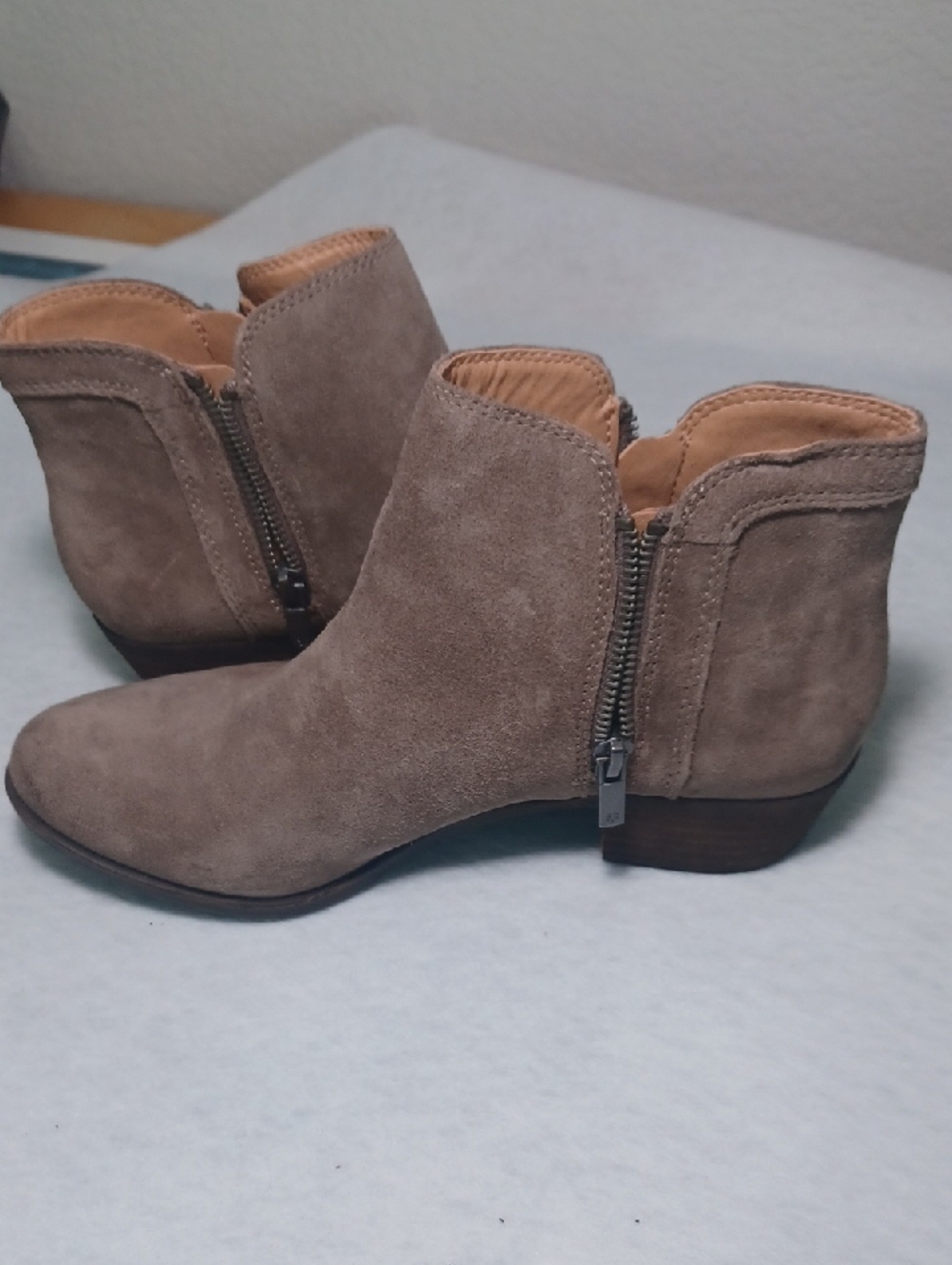 Lucky Brand Taupe Suede Ankle Booties with Side Zippers